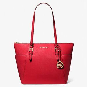 NWT MICHAEL KORS CHARLOTTE LARGE TOP ZIP SAFFIANO LEATHER TOTE BAG BRIGHT RED